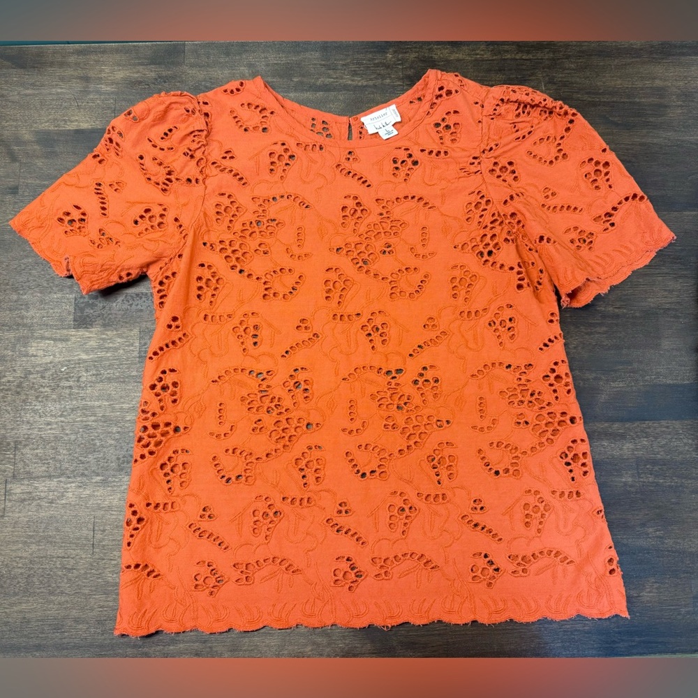 Nicole Miller Orange Eyelet Short Sleeve Blouse